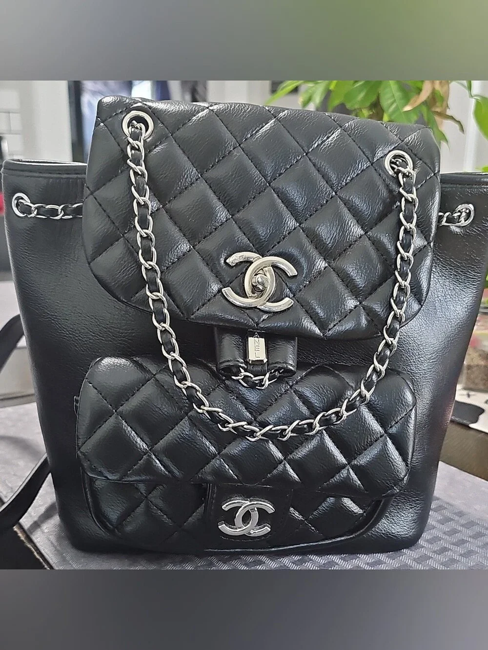 Chanel Black Quilted Double-Flap Shoulder Backpack with Silver Hardware